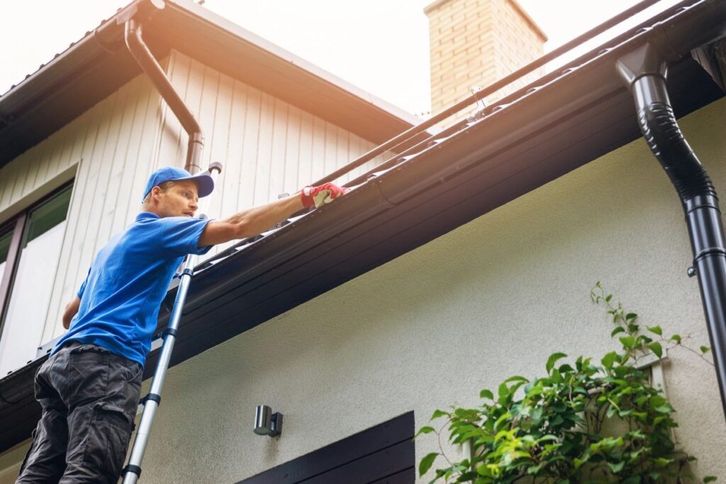 A man cleans gutters on a house using a brush.